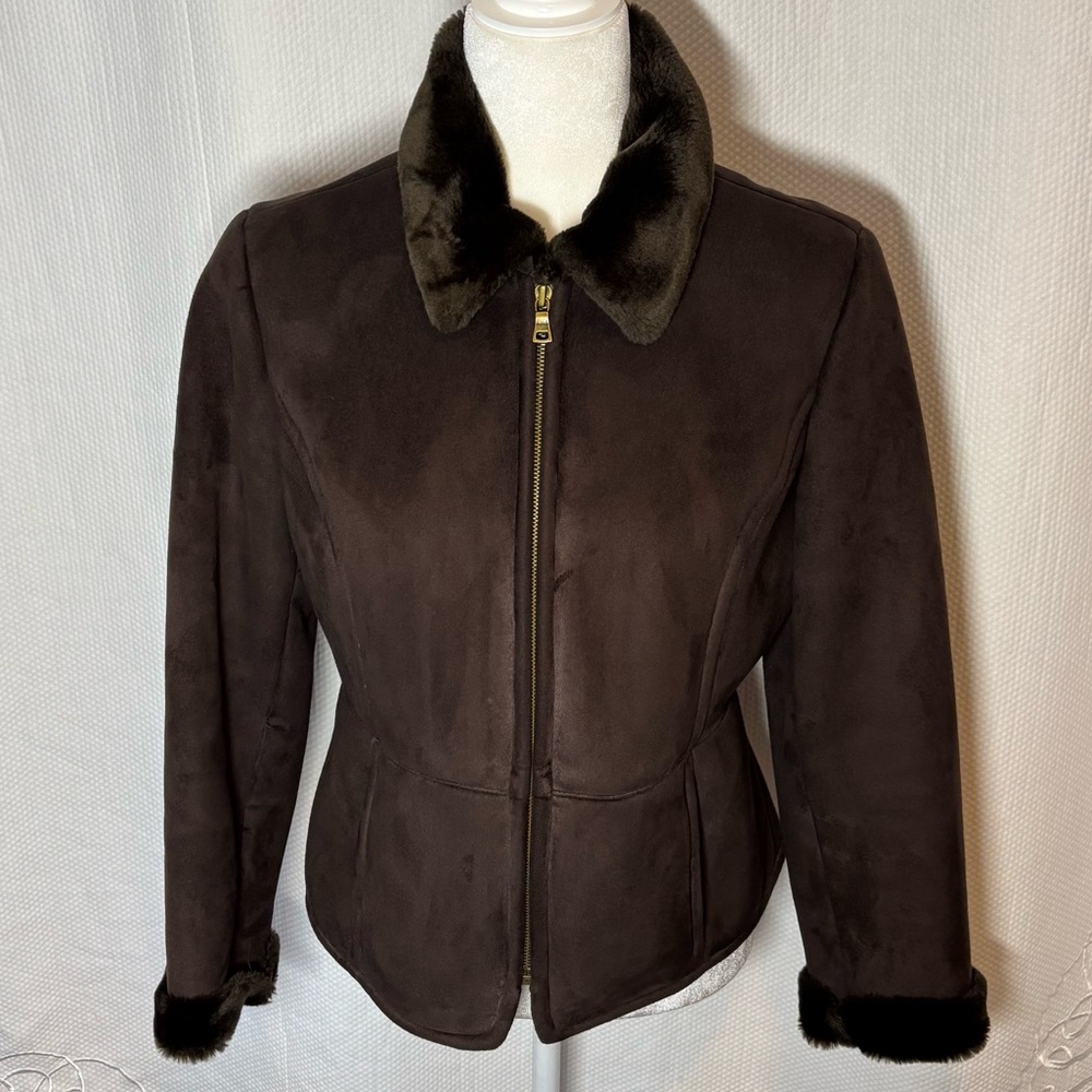 Ann Taylor Dark Brown Suede Jacket with Faux Fur Trim